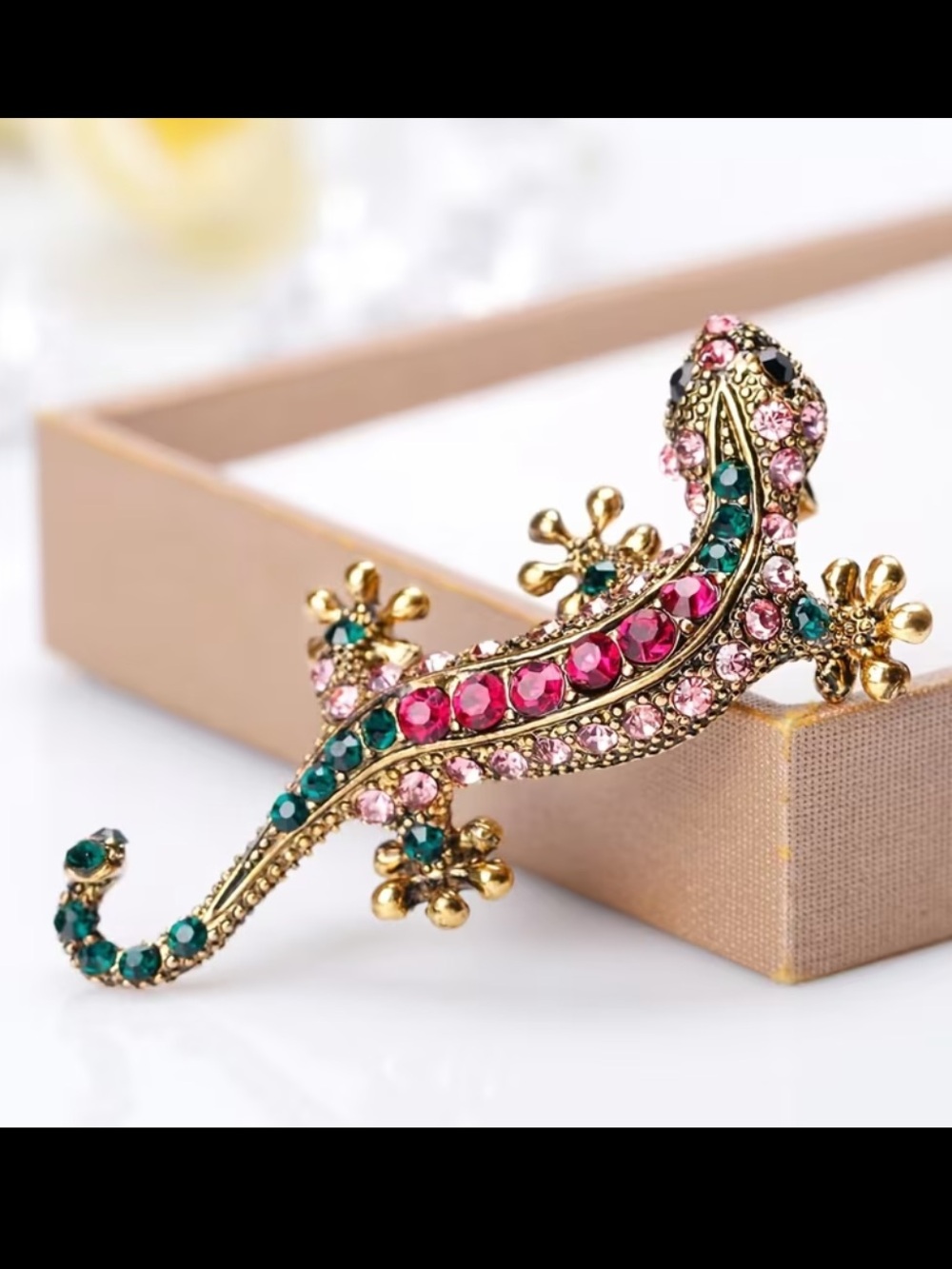 Pink & Green Crystal Lizard Brooch